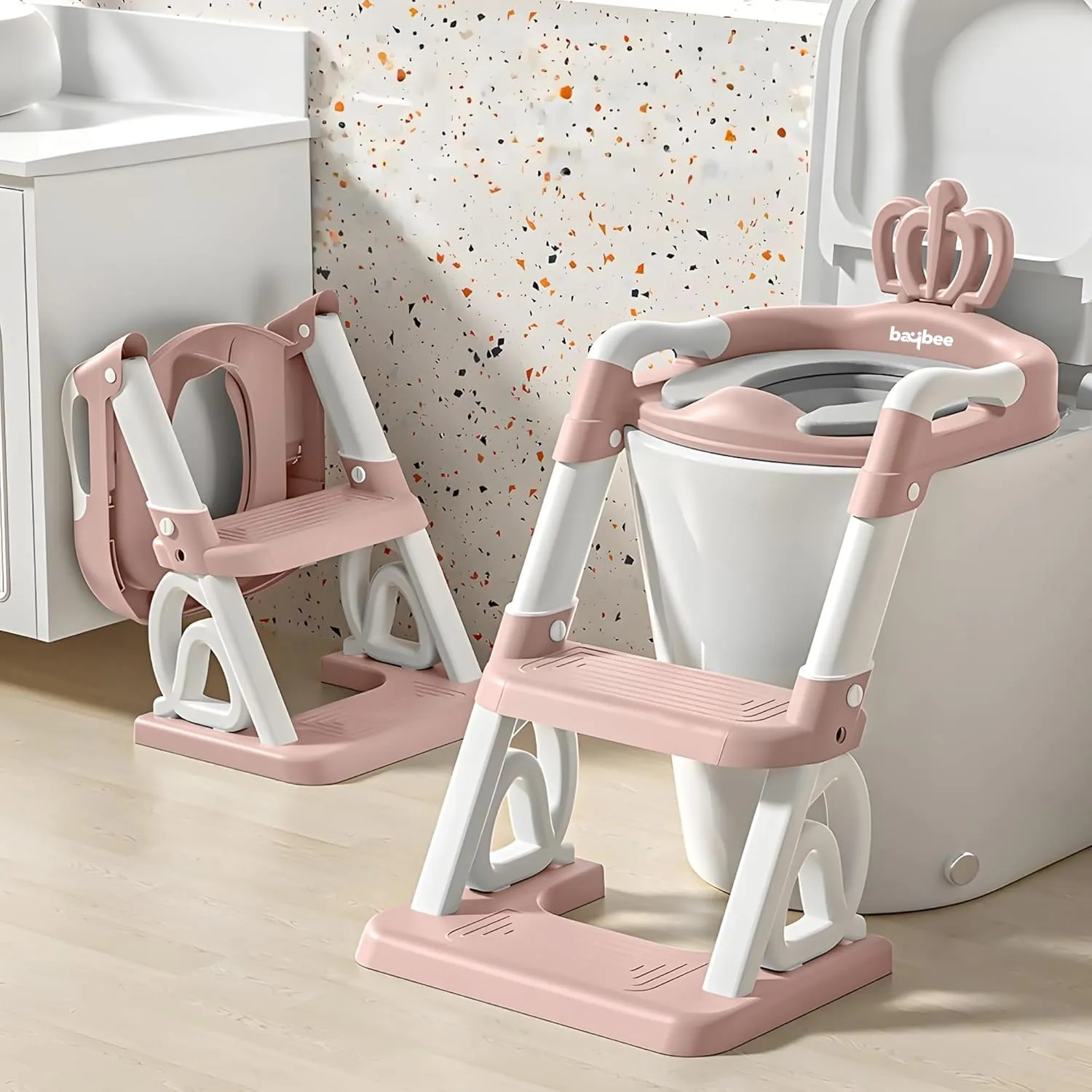 Baybee Crown Western Toilet Potty Seat for Kids, Baby Potty Training Seat Chair with Ladder, Adjustable Step Height, Cushion Seat