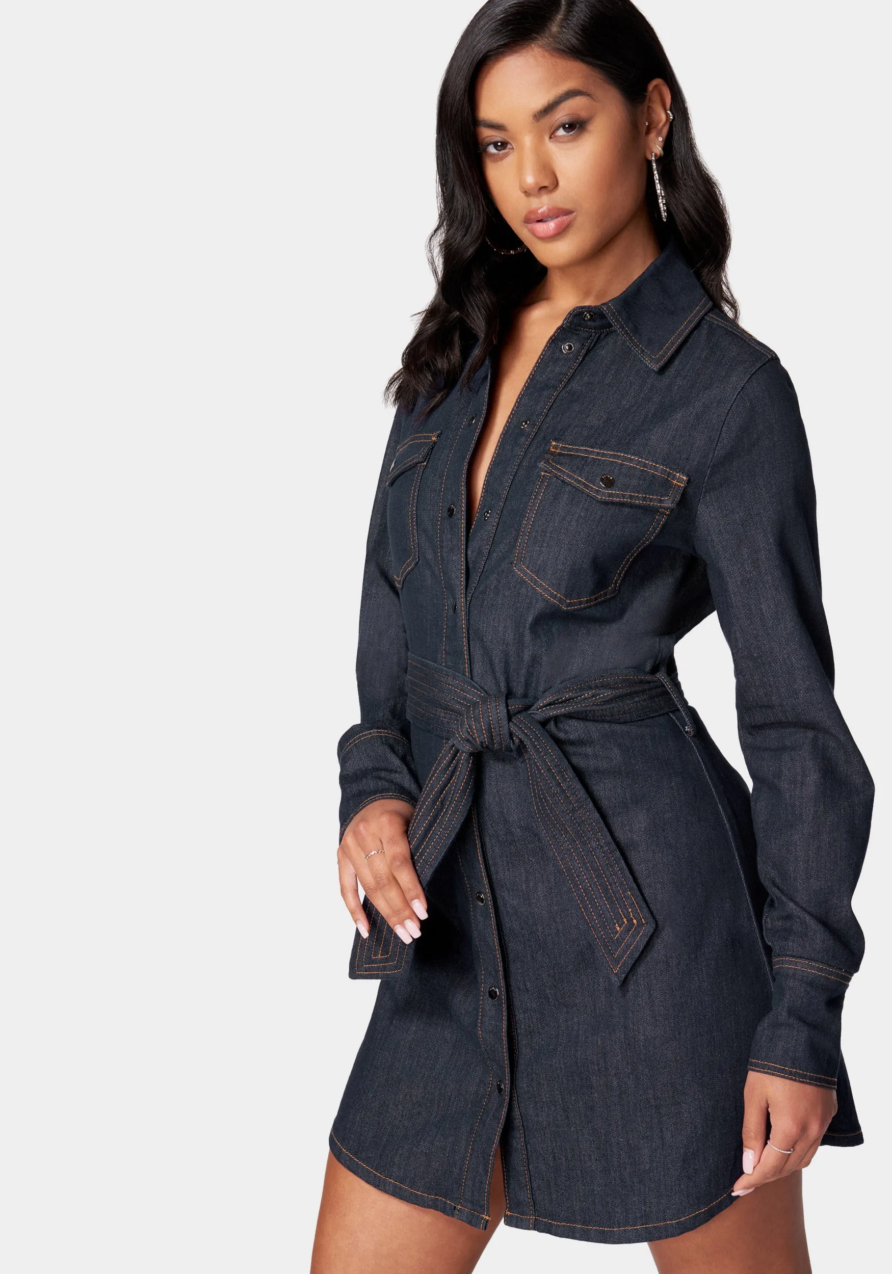 Belted Button Down Denim Shirt Dress