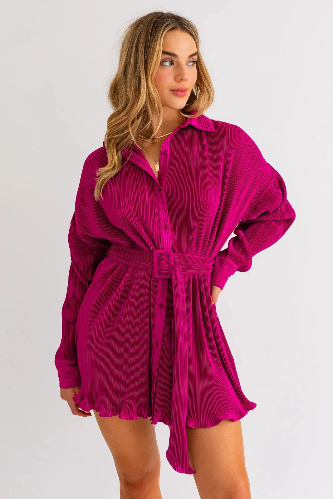 Belted Long Sleeve Pleated Mini Shirt Dress