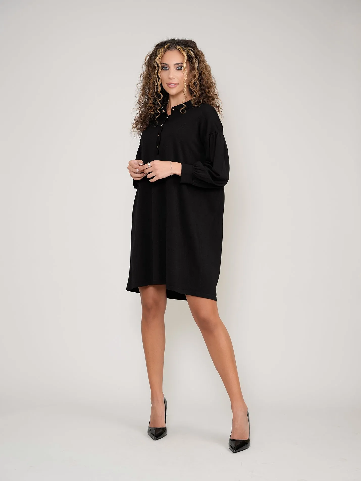 Black Buttoned Knit Dress with Collar