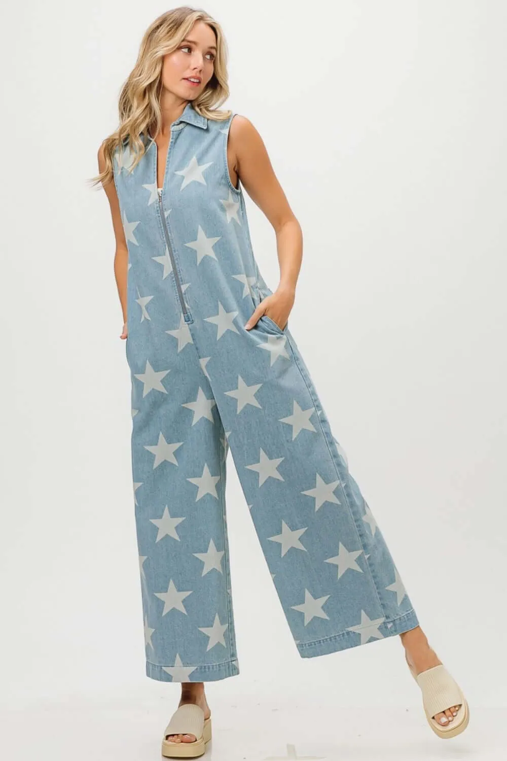 Blue Star Print Half Zip Sleeveless Denim Jumpsuit