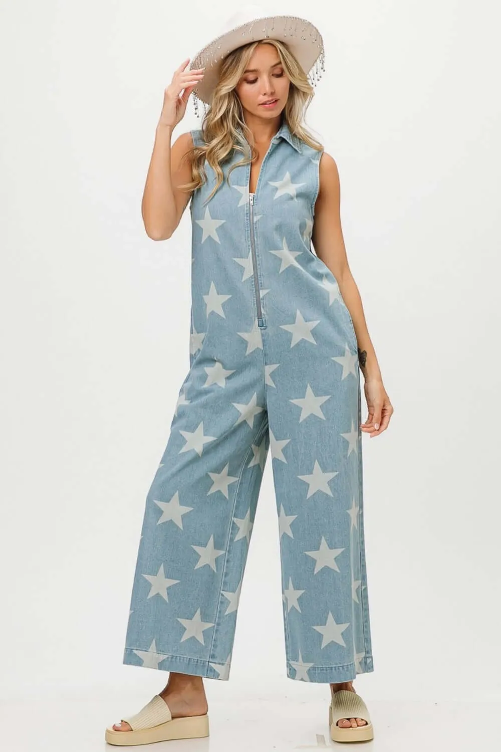 Blue Star Print Half Zip Sleeveless Denim Jumpsuit