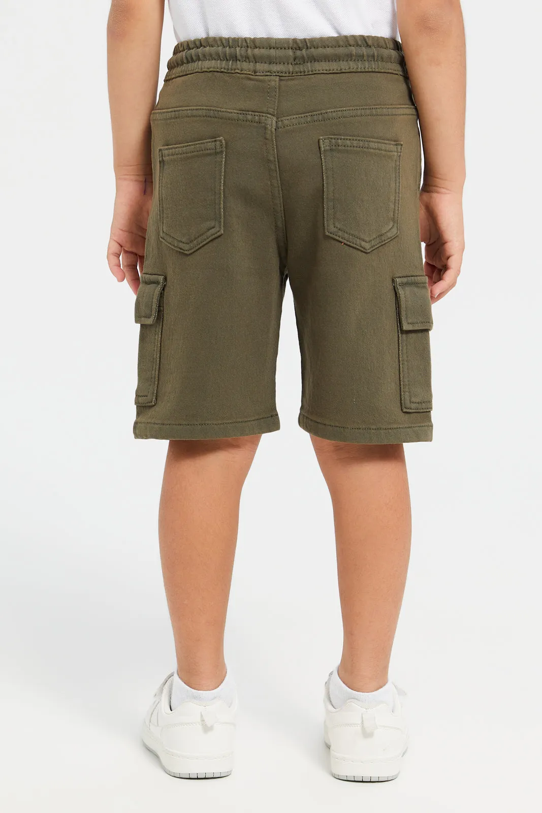 Boys Olive Denim Shorts With Cargo Pocket