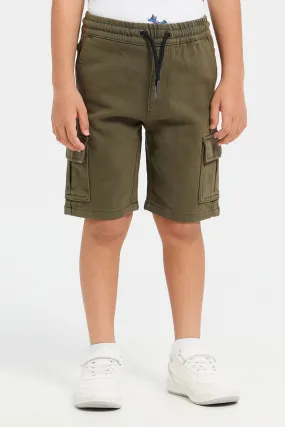 Boys Olive Denim Shorts With Cargo Pocket