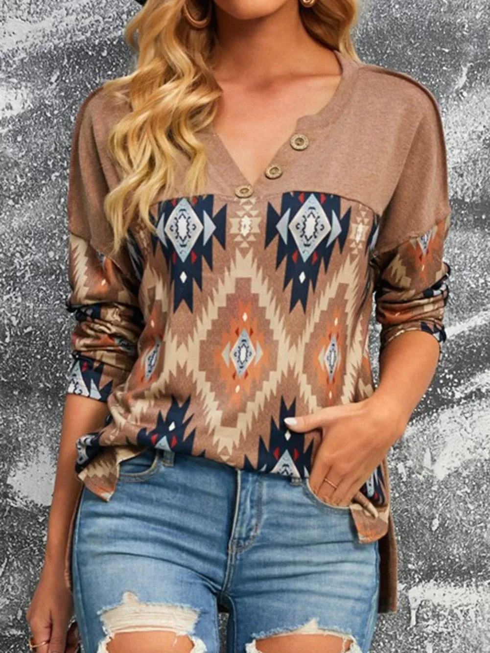 Brown Aztec Print V Neck Button-Up Western Top