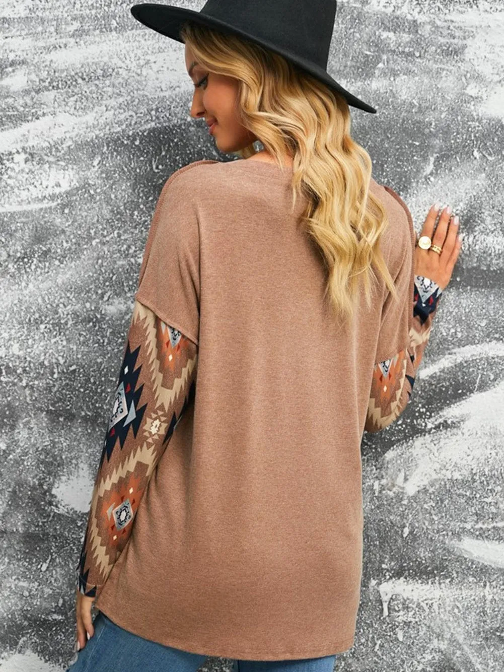 Brown Aztec Print V Neck Button-Up Western Top