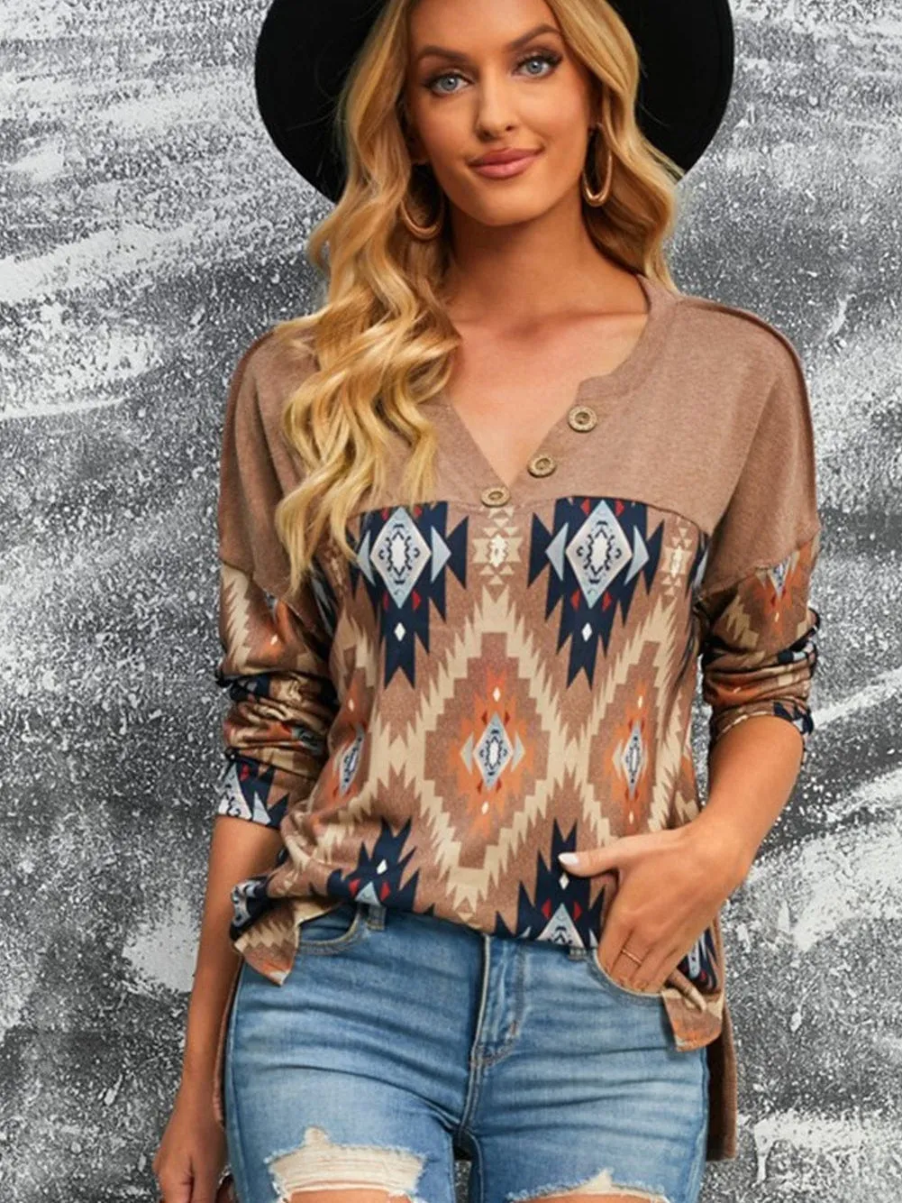 Brown Aztec Print V Neck Button-Up Western Top