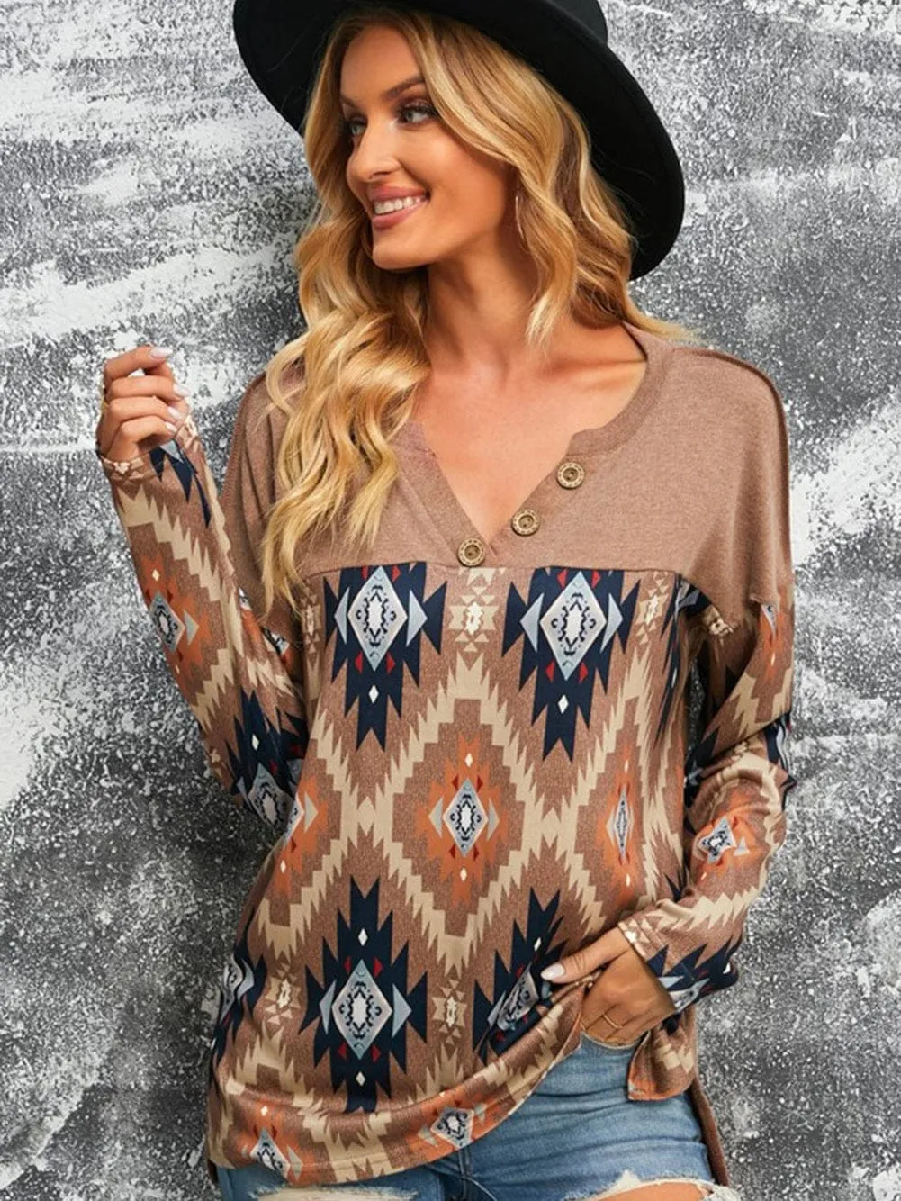 Brown Aztec Print V Neck Button-Up Western Top