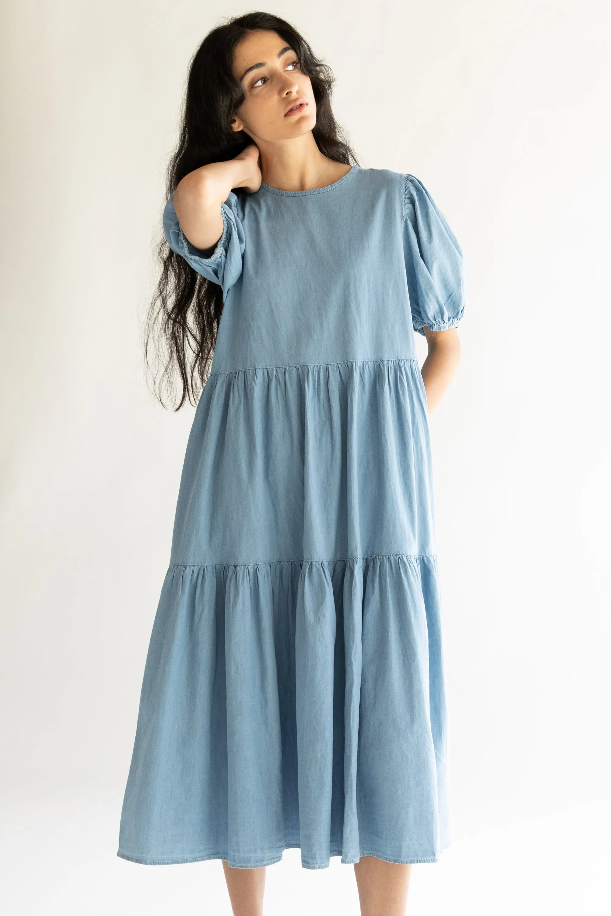 DENIM TIERED MIDI DRESS