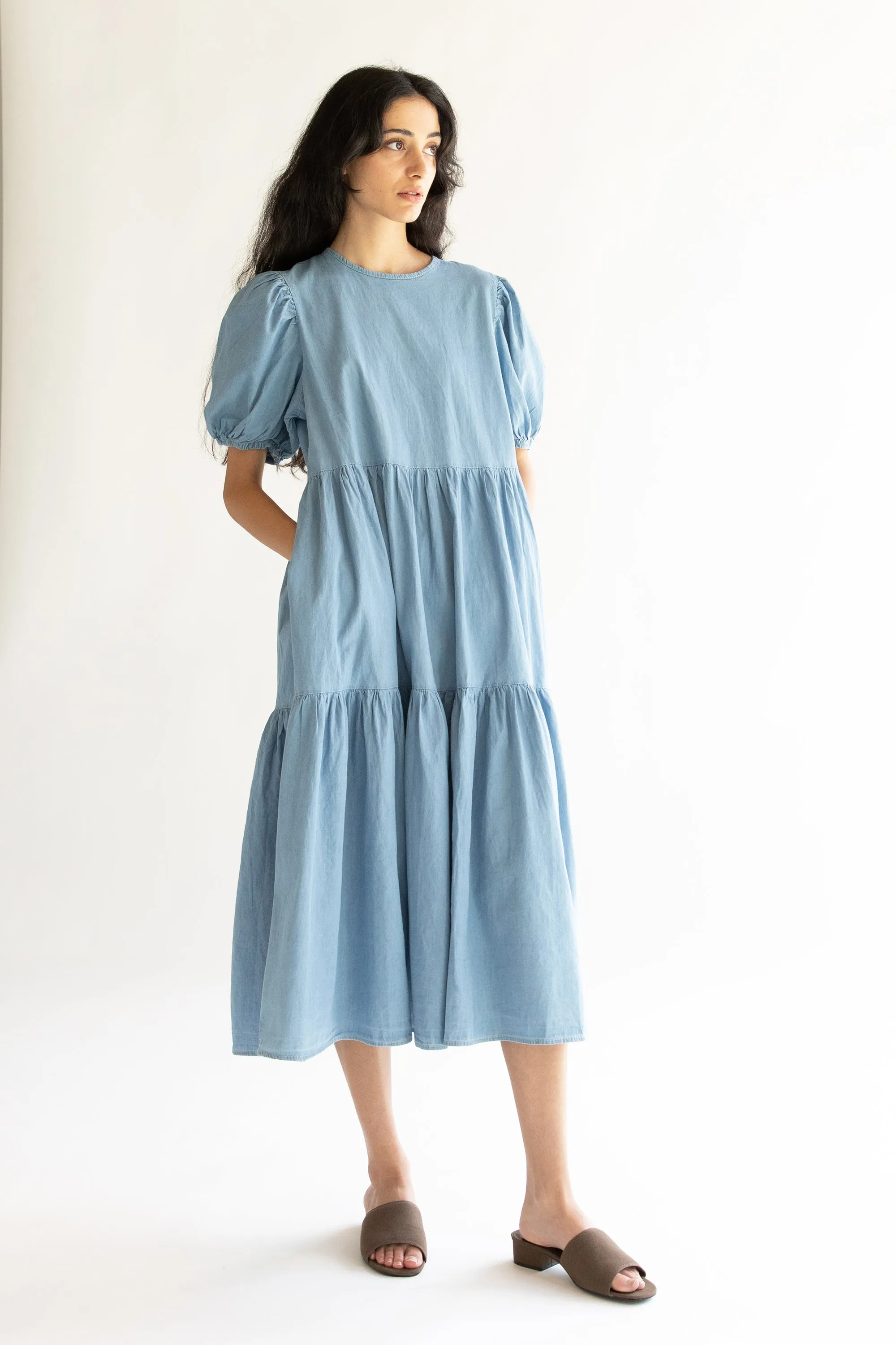 DENIM TIERED MIDI DRESS