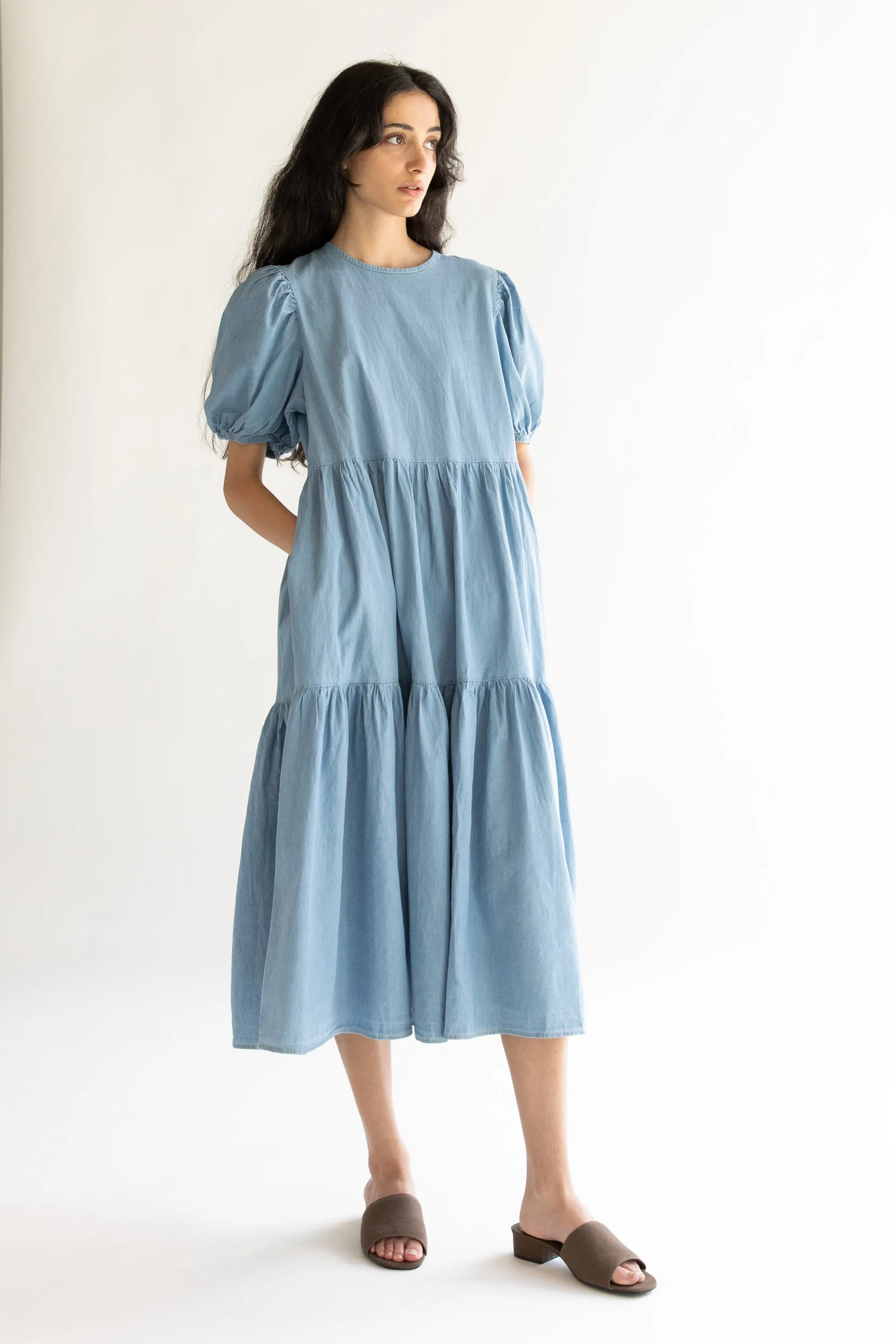 DENIM TIERED MIDI DRESS