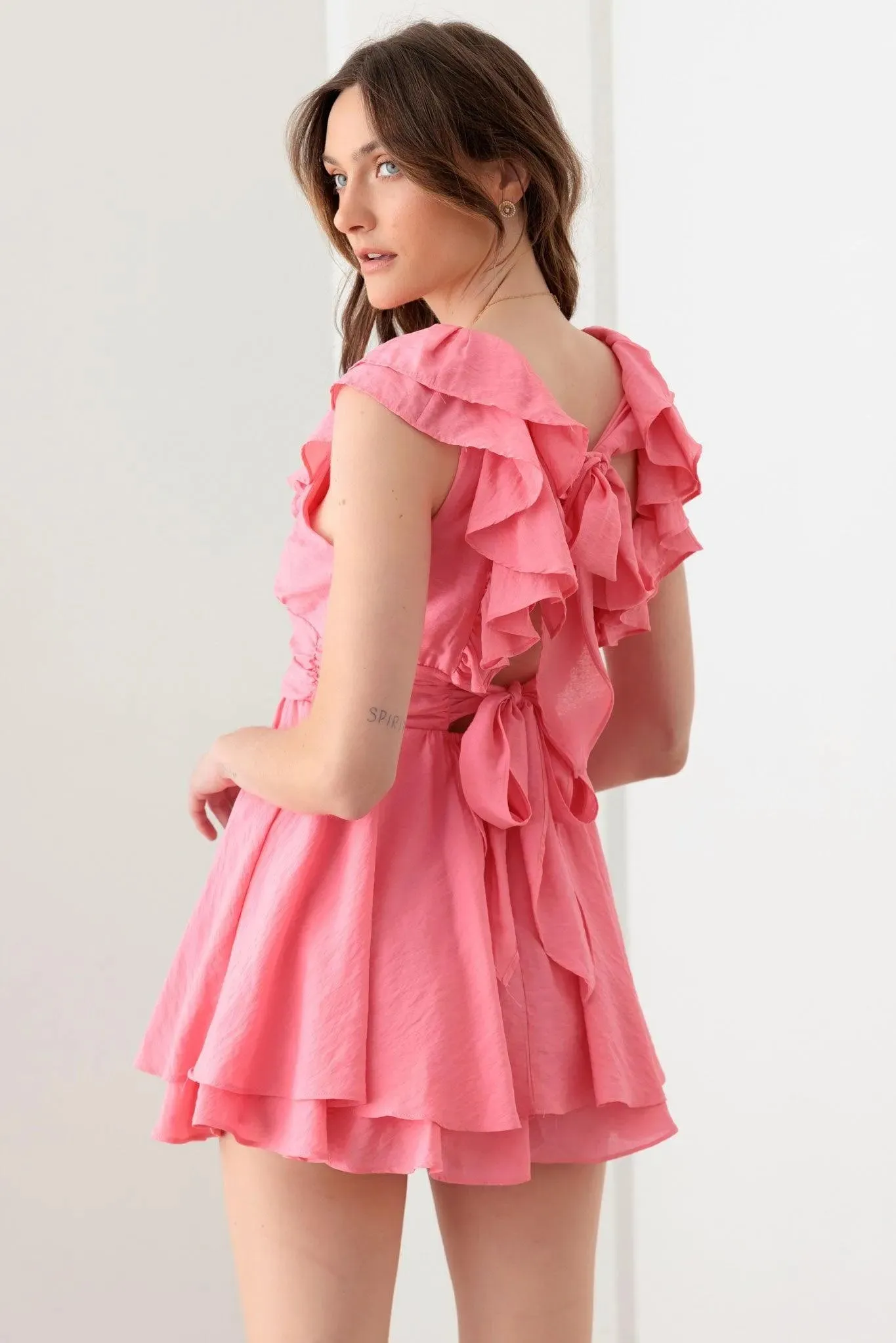 Doll Pink Ruffle Detail Front Button Romper Mini Dress