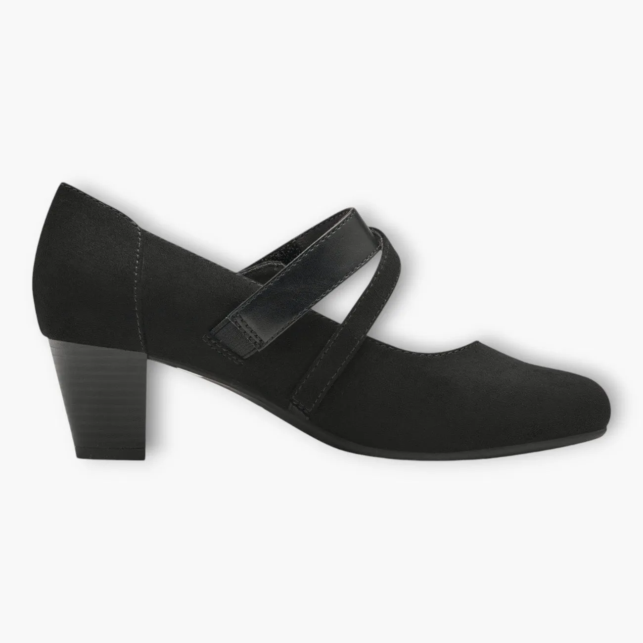 Jana Black Faux Suede Court Shoe with Velcro Strap and Diamante Detail