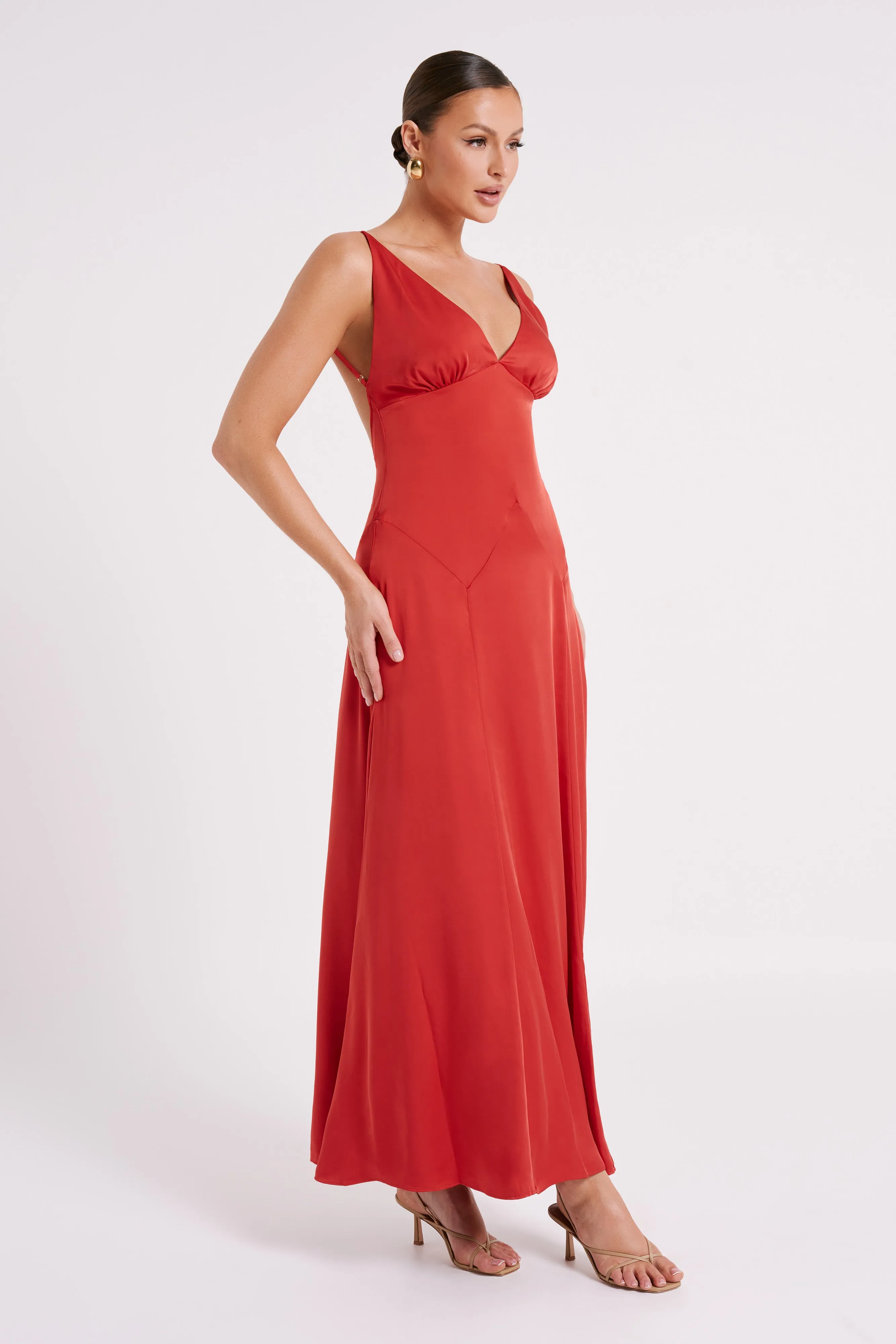 Kamala Low Back Satin Maxi Dress - Red