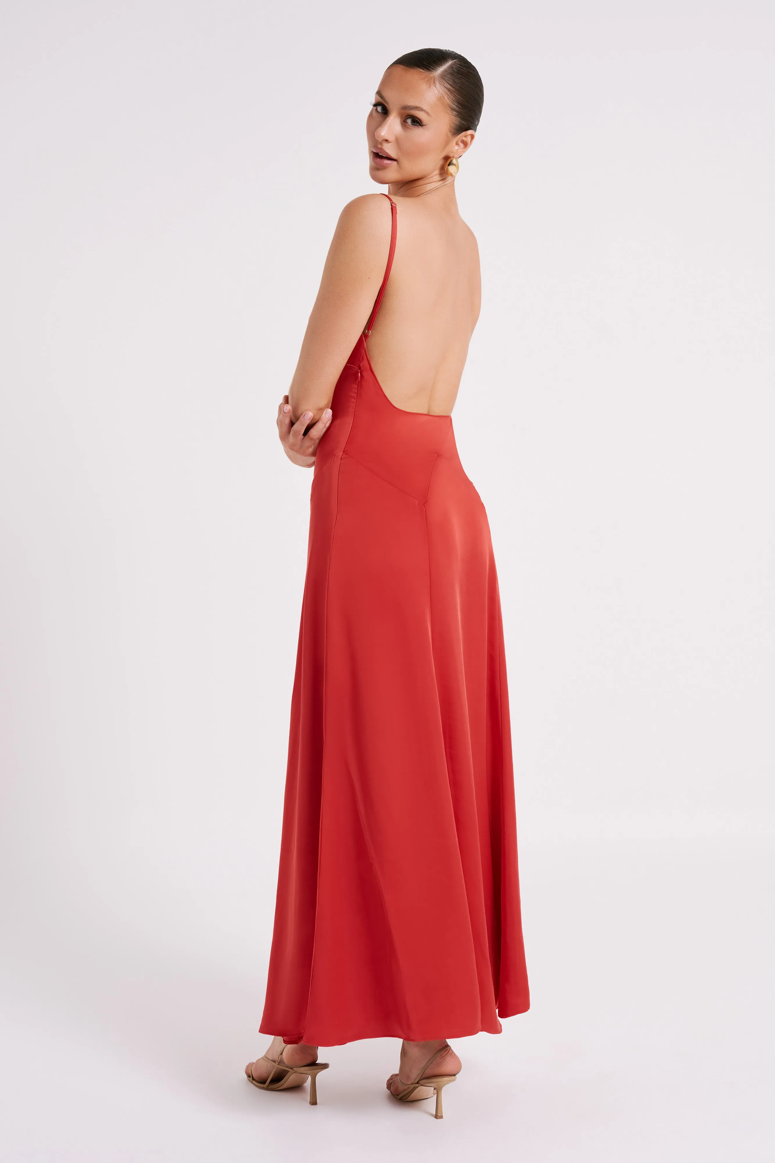 Kamala Low Back Satin Maxi Dress - Red