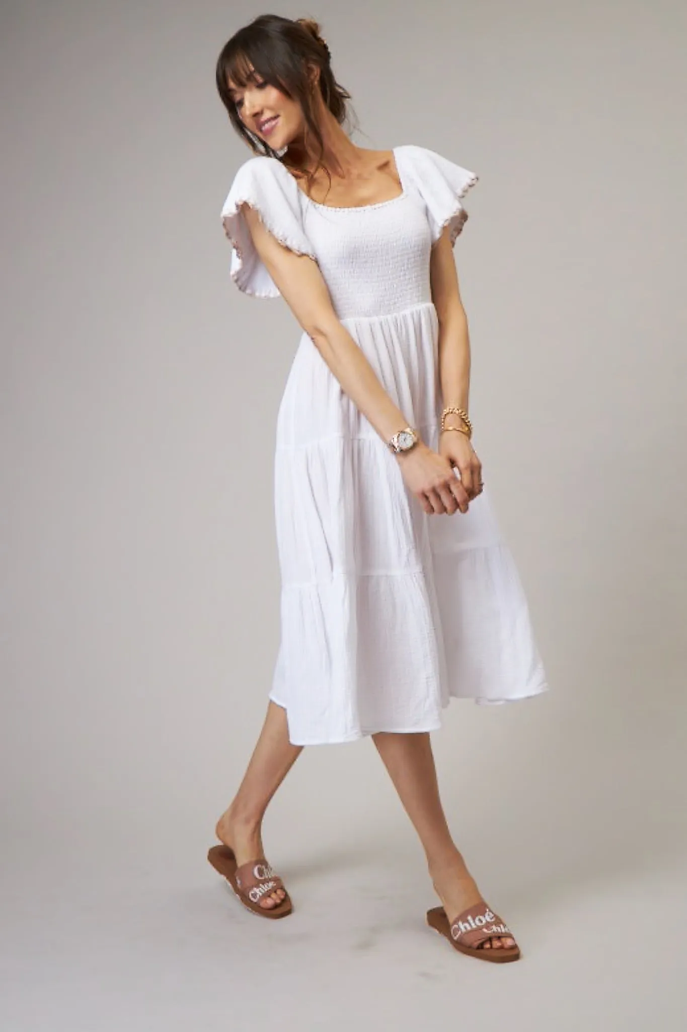 Luna White Cotton gauze dress with hand crochet details