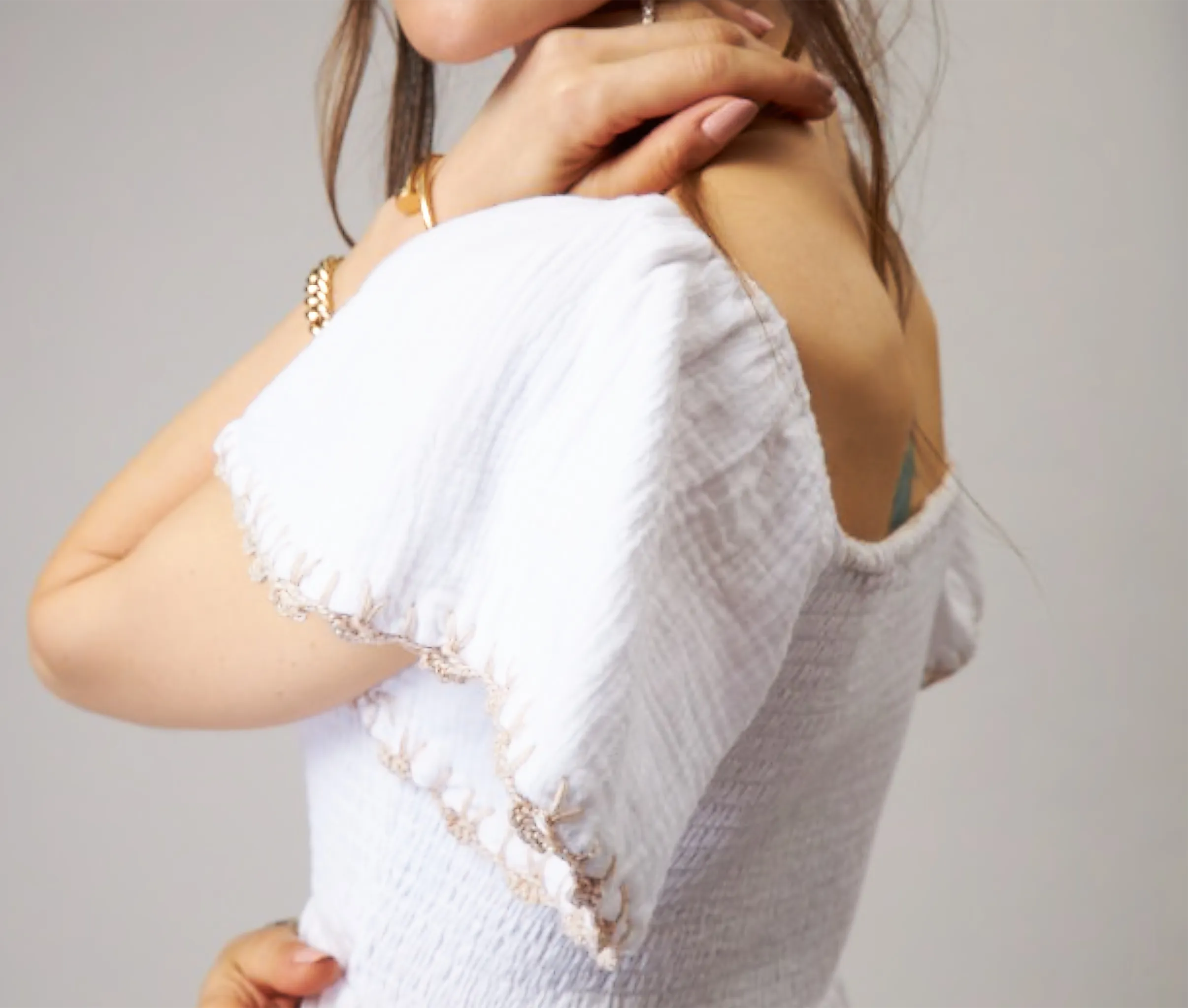 Luna White Cotton gauze dress with hand crochet details