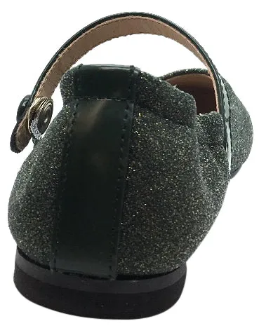 Manuela de Juan Girl's Irene Forest Green Shimmer Leather Elastic Back Mary Jane Flats