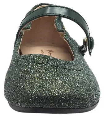 Manuela de Juan Girl's Irene Forest Green Shimmer Leather Elastic Back Mary Jane Flats