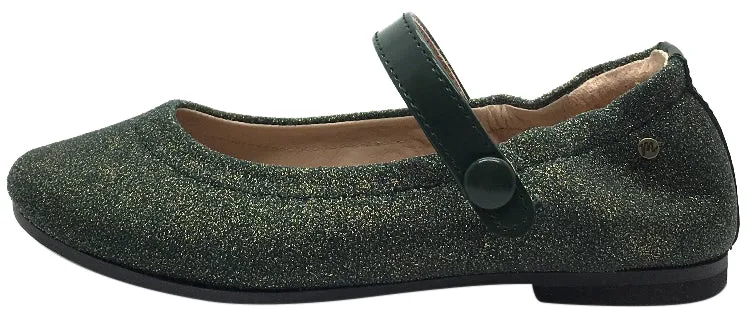 Manuela de Juan Girl's Irene Forest Green Shimmer Leather Elastic Back Mary Jane Flats