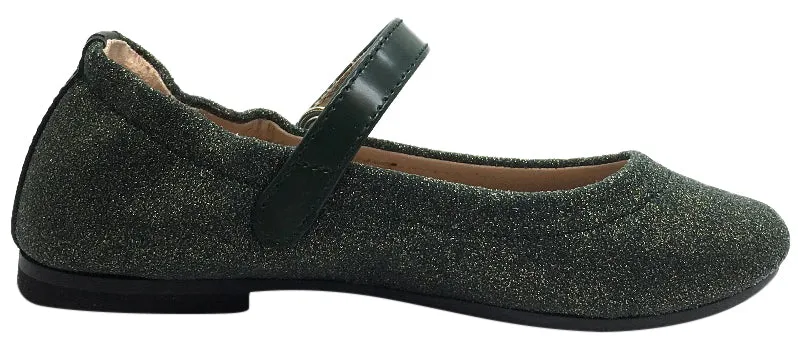 Manuela de Juan Girl's Irene Forest Green Shimmer Leather Elastic Back Mary Jane Flats