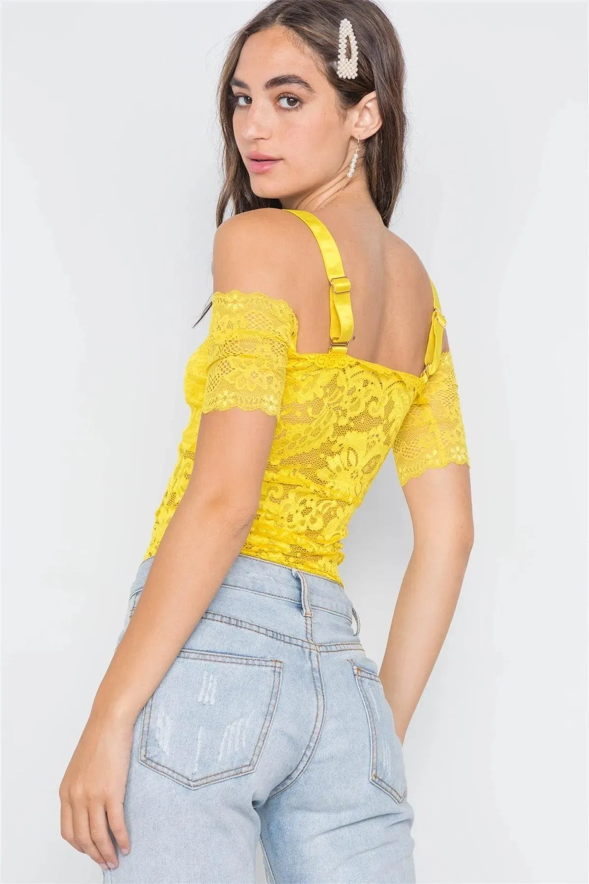 Neon Yellow Cami Off-The-Shoulder Floral Lace Bodysuit