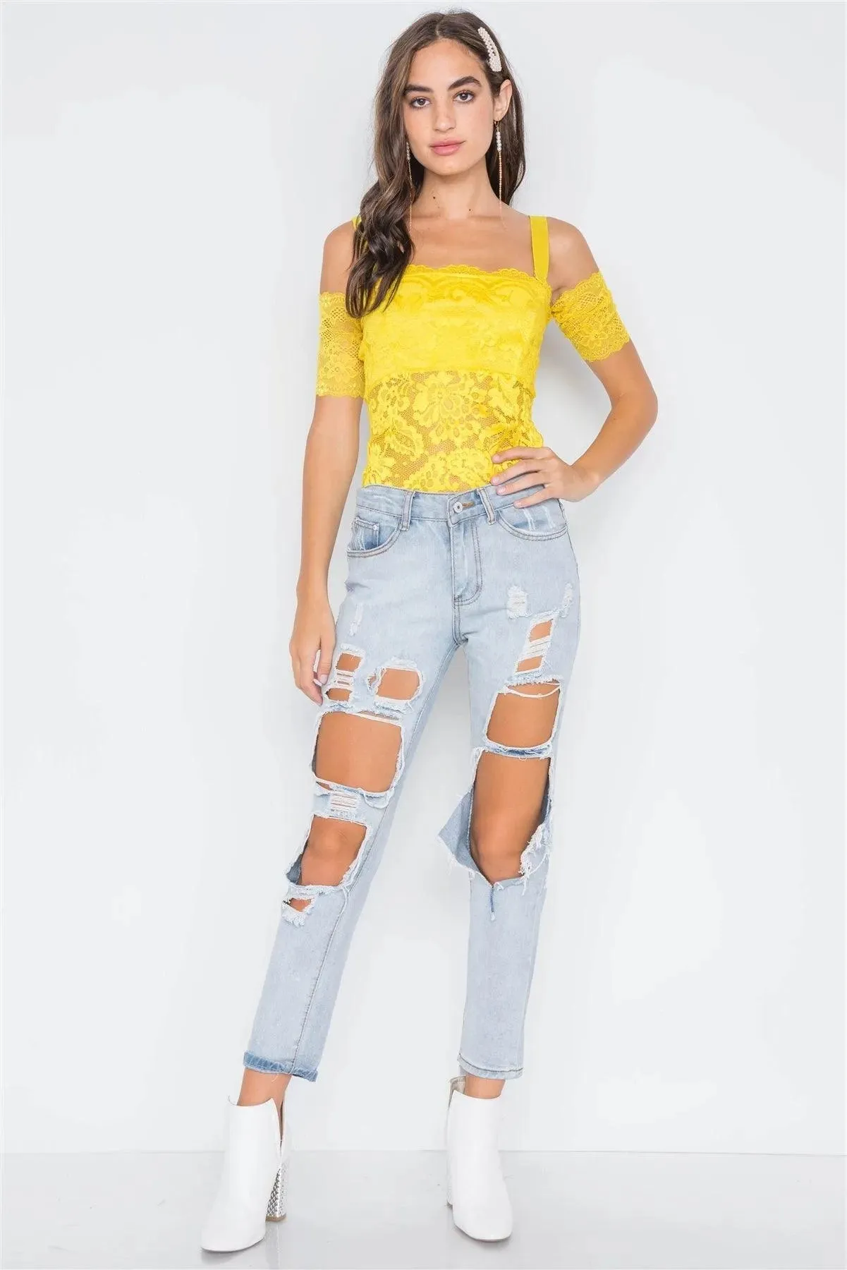 Neon Yellow Cami Off-The-Shoulder Floral Lace Bodysuit