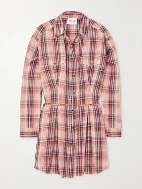 Orange belted checked mini shirt dress