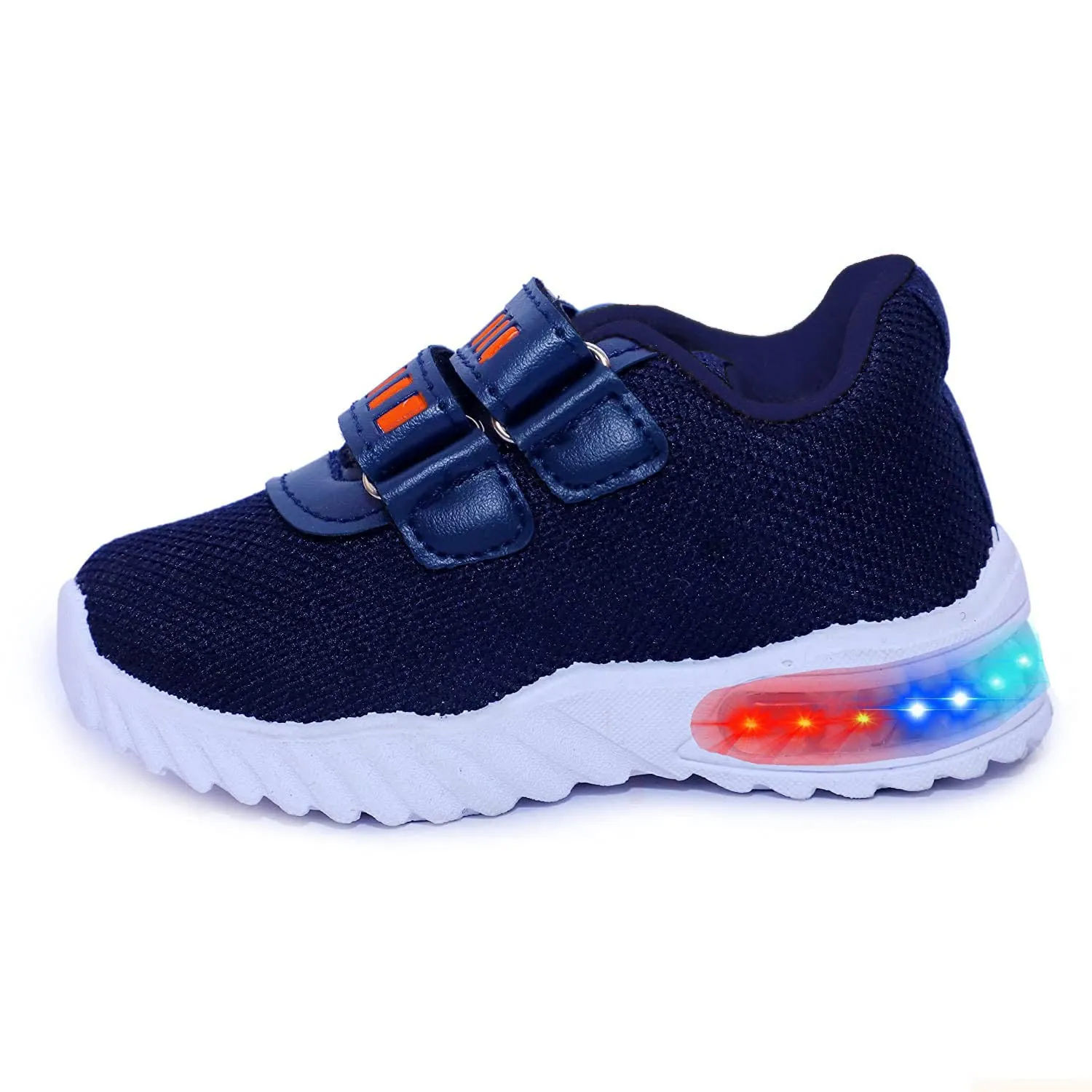 Prattle Foot Kids LED Light Up Shoes, LED Sneakers, Shoes for Boys Girls, Casual Shoes for Kids, Outdoor/Sports/Running Shoes(SS2-NVBL-ORT51_3.5-4 YR) Navy Blue-Orange