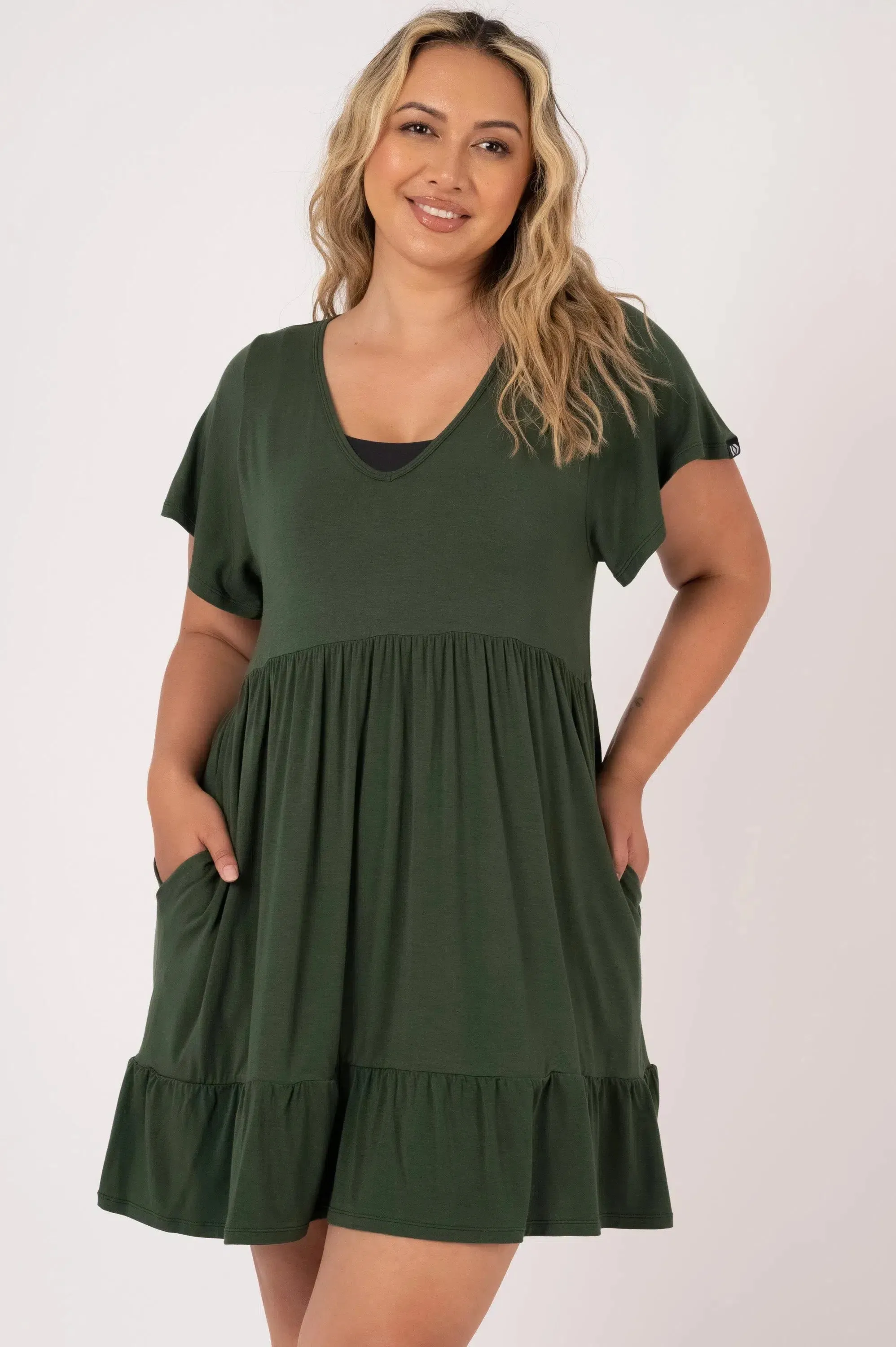 Slinky To Touch Baby Doll V Neck Tiered Mini Dress - Dark Emerald