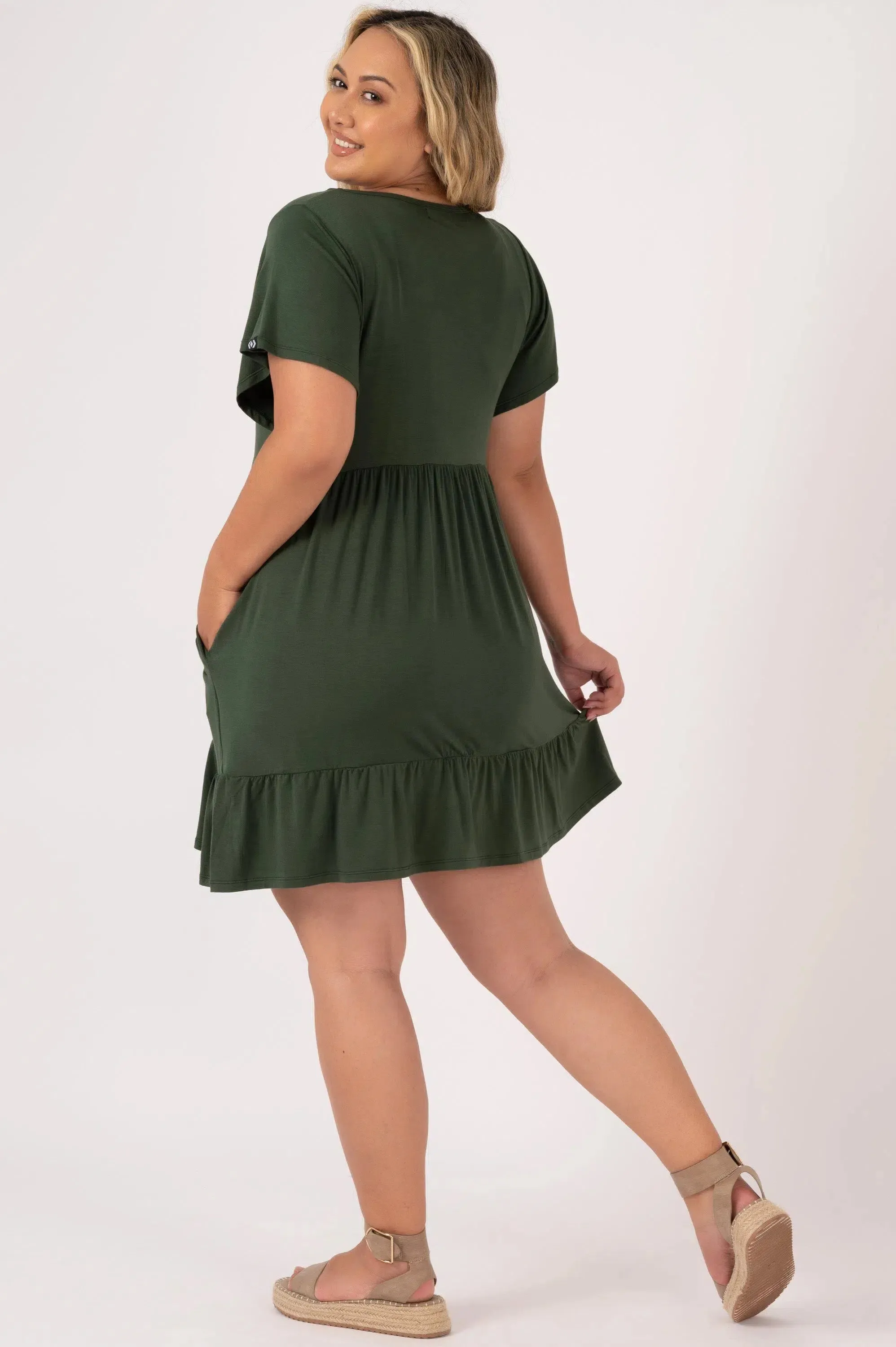 Slinky To Touch Baby Doll V Neck Tiered Mini Dress - Dark Emerald