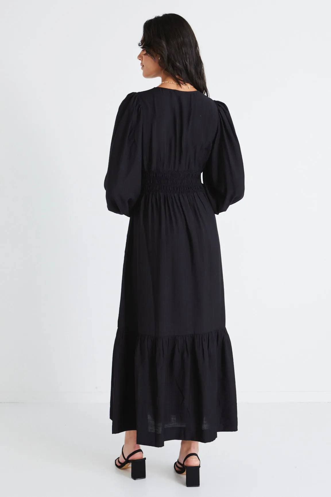 Spark Black LS Deep V Midi Dress