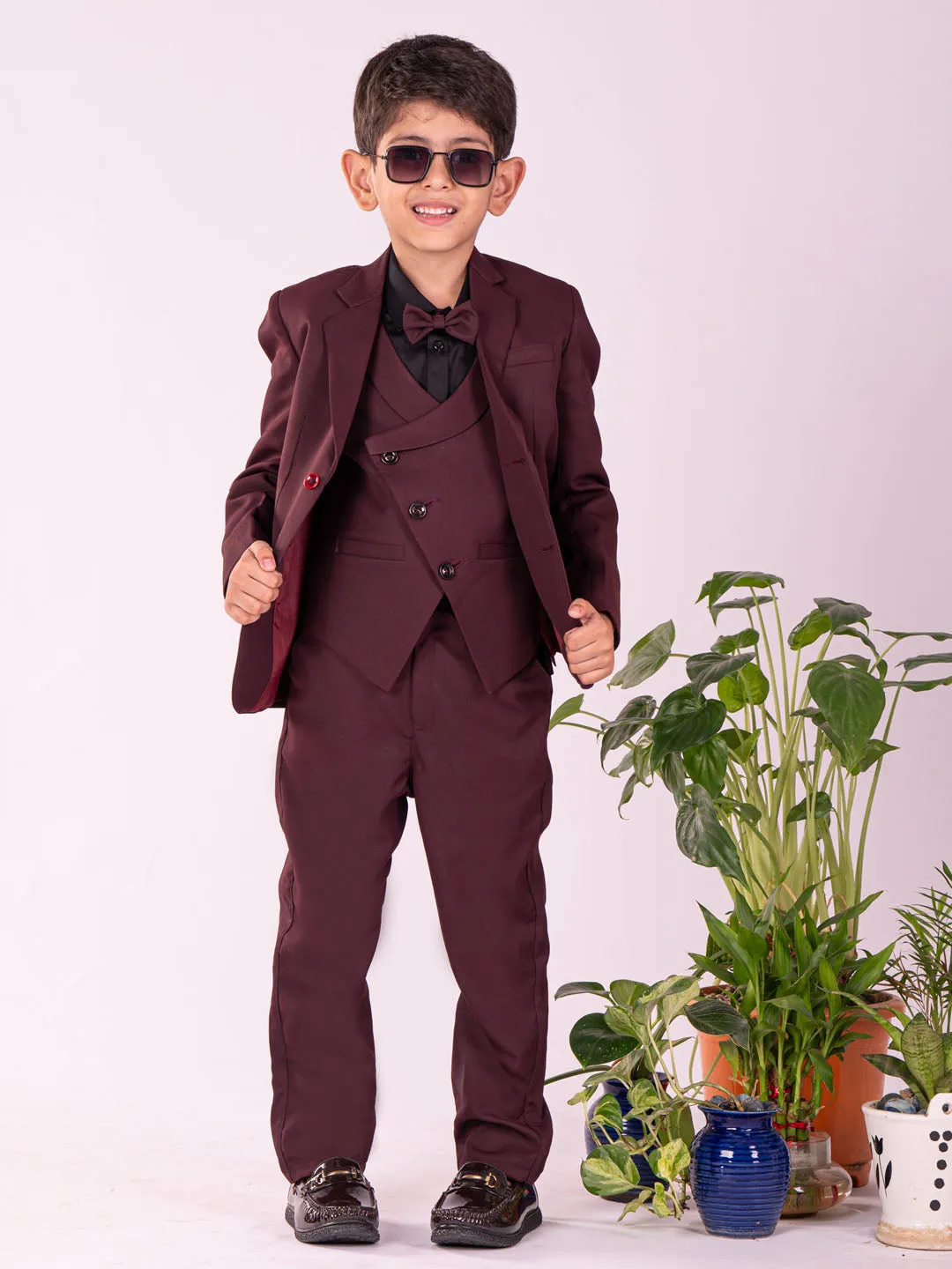 VASTRAMAY Boys' Black And Maroon Shirt Blazer Waist Coat And Pant