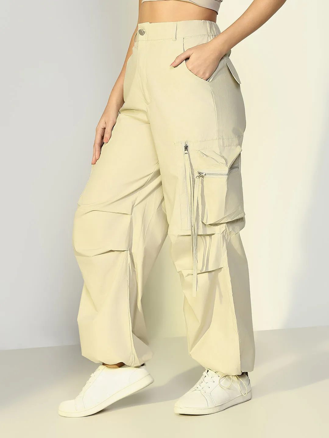 Women Solid Beige Parachute Trouser