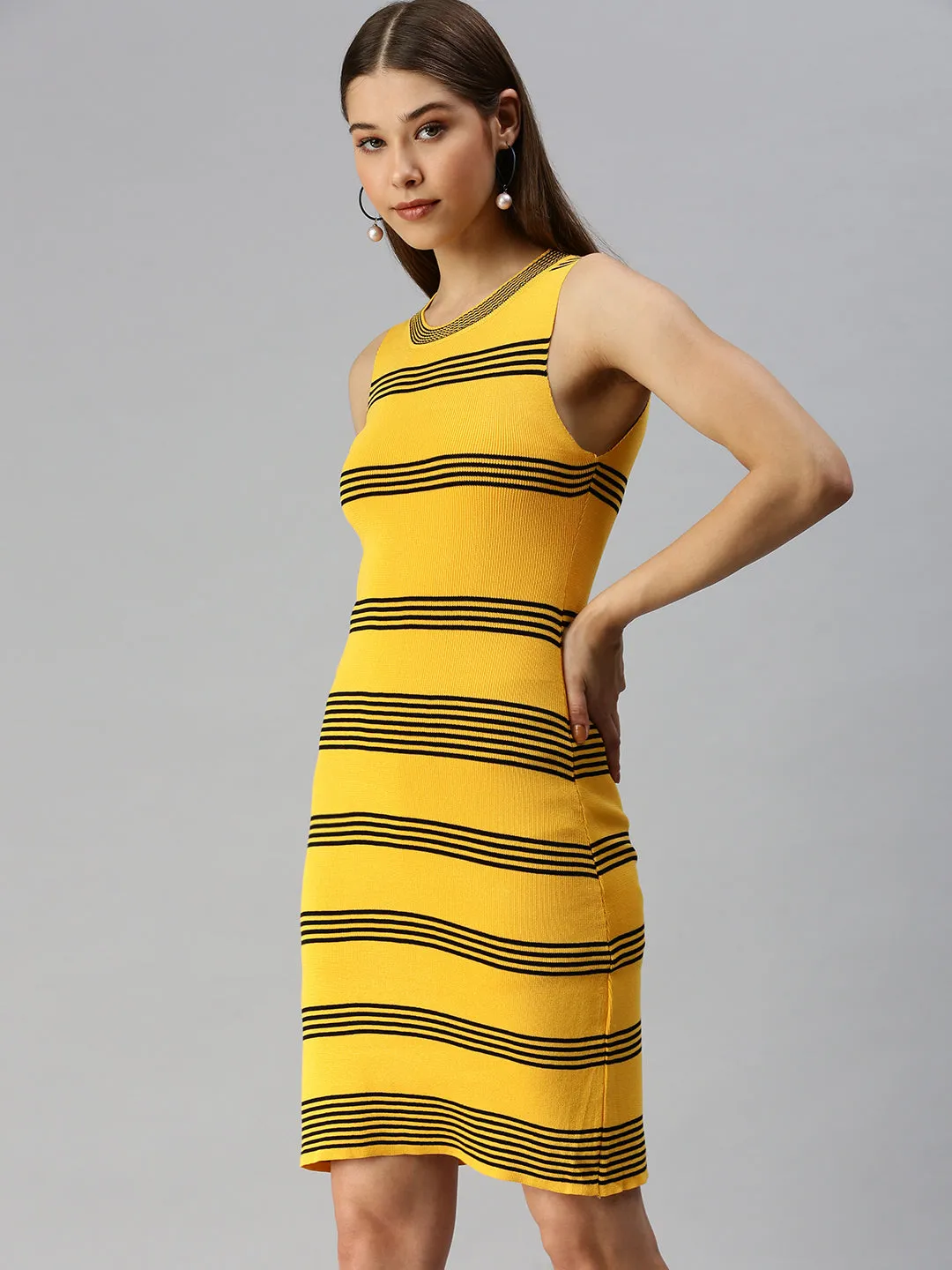 Women Striped Bodycon Yellow Dress