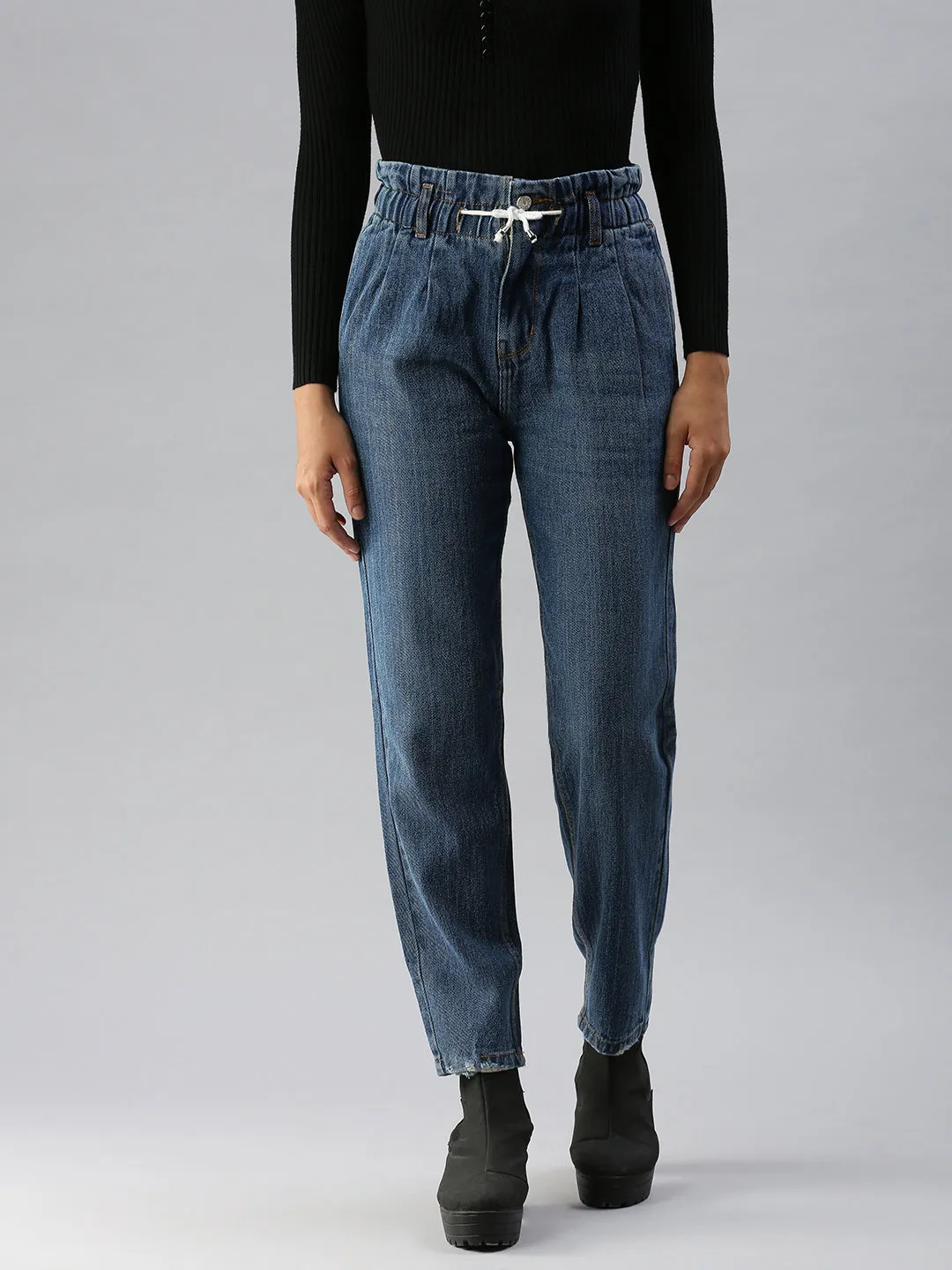 Women's Blue Solid Mom Fit Denim Jeans