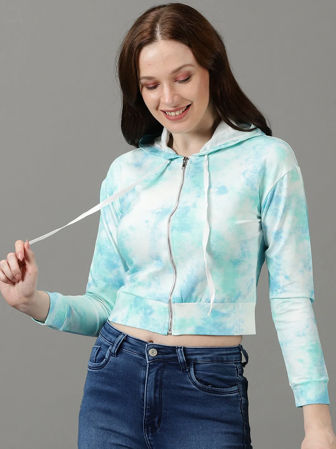 Women's Turquoise Blue Colourblock Front-Open Sweatshirt