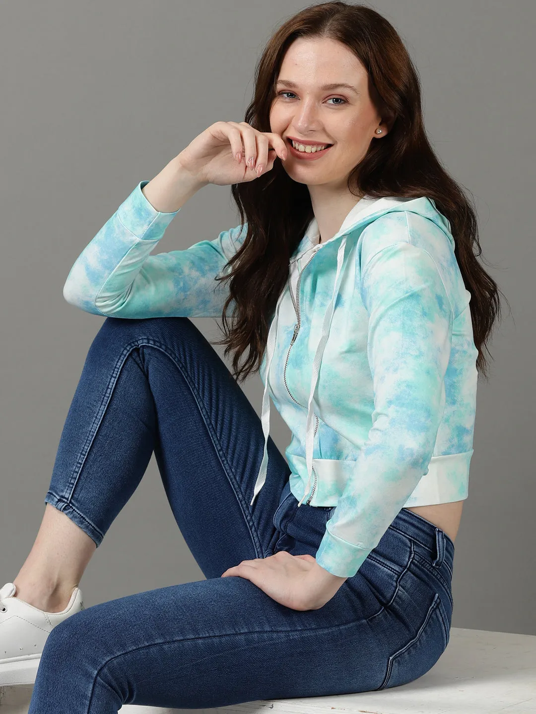 Women's Turquoise Blue Colourblock Front-Open Sweatshirt