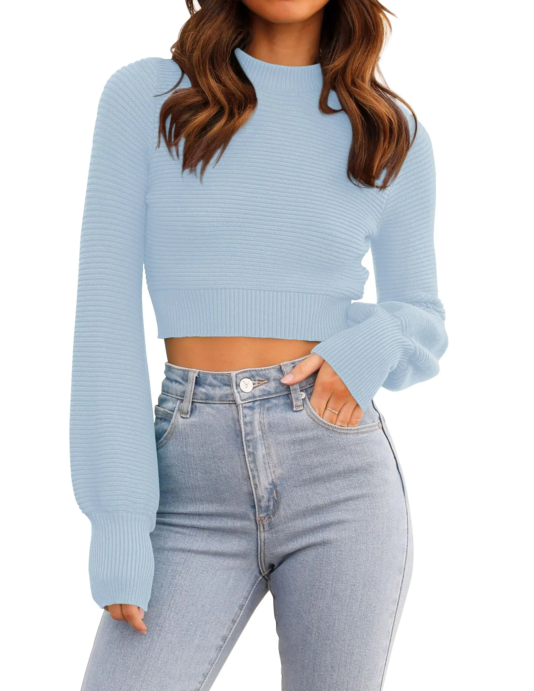 ZESICA Long Sleeve Mock Neck Soft Ribbed Knit Cropped Sweater