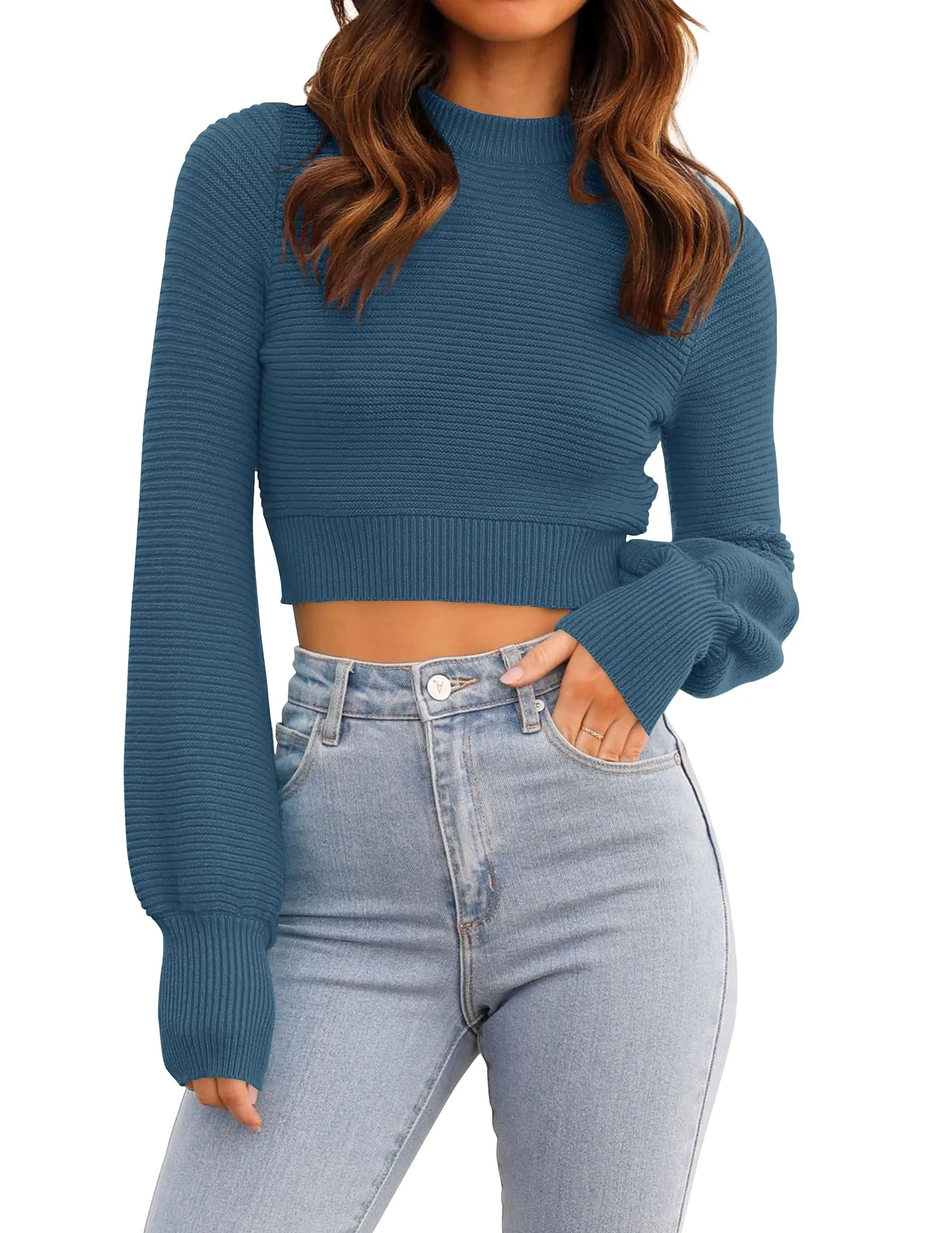 ZESICA Long Sleeve Mock Neck Soft Ribbed Knit Cropped Sweater