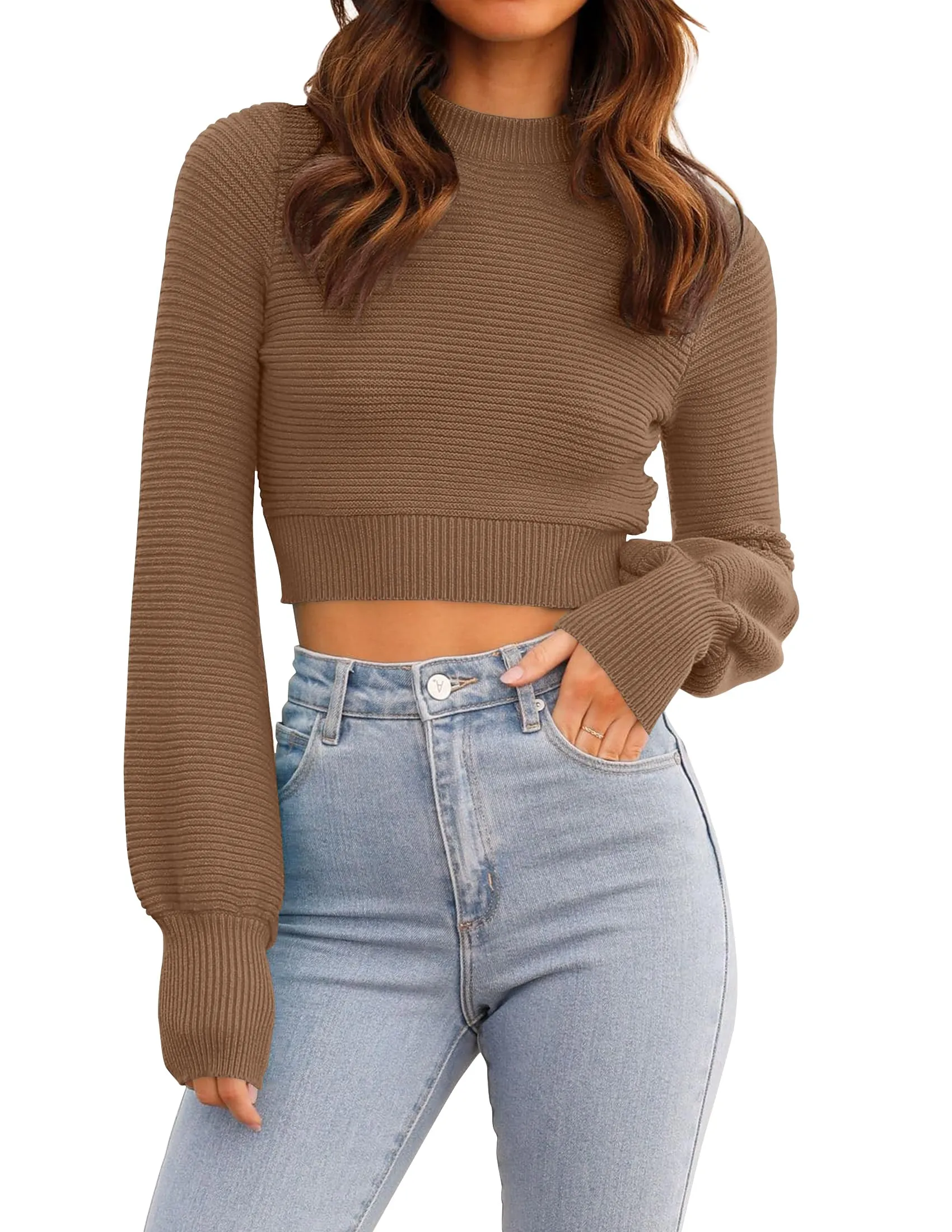 ZESICA Long Sleeve Mock Neck Soft Ribbed Knit Cropped Sweater